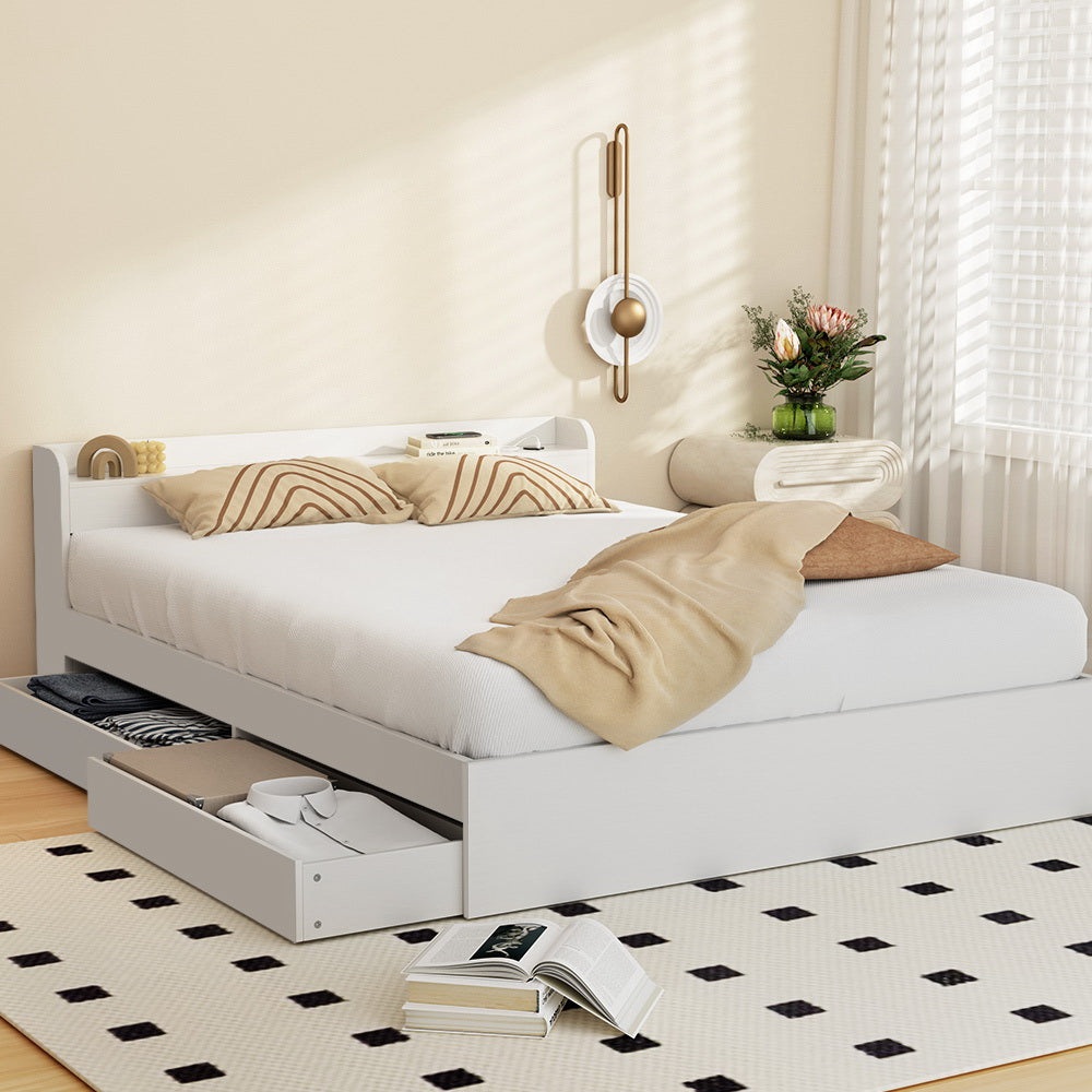 Aura Double Bed Frame Mattress Base USB Charging Ports 2 Storage Drawers White