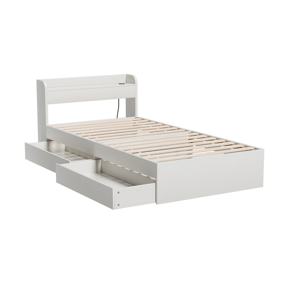 Aura Single Bed Frame Mattress Base USB Charging Ports 2 Storage Drawers White