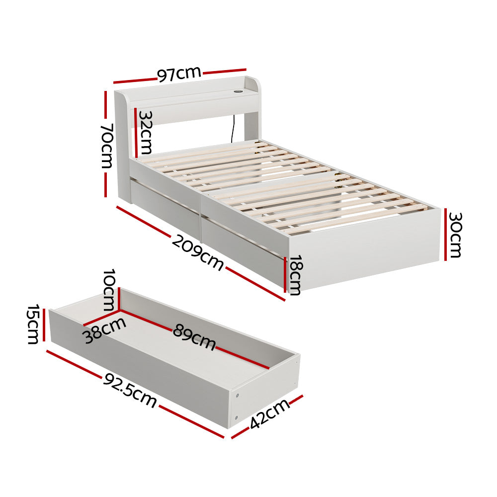 Aura Single Bed Frame Mattress Base USB Charging Ports 2 Storage Drawers White