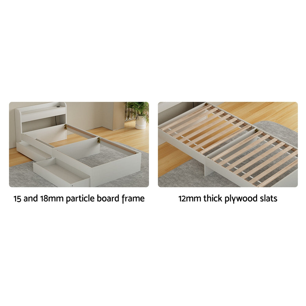 Aura Single Bed Frame Mattress Base USB Charging Ports 2 Storage Drawers White