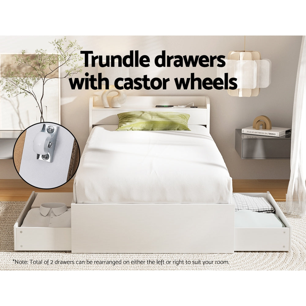 Aura Single Bed Frame Mattress Base USB Charging Ports 2 Storage Drawers White
