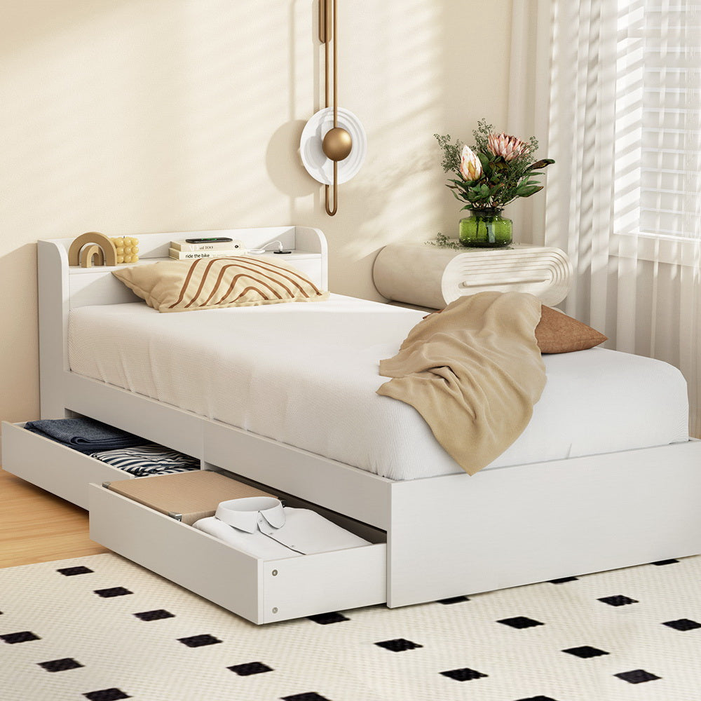 Aura Single Bed Frame Mattress Base USB Charging Ports 2 Storage Drawers White