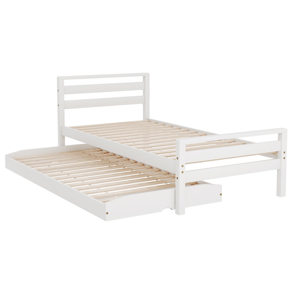 Avis Single Bed Frame 2-in-1 Trundle Wooden White