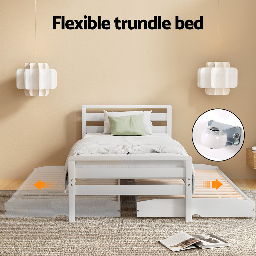Avis Single Bed Frame 2-in-1 Trundle Wooden White