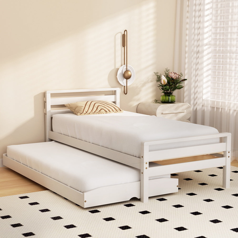 Avis Single Bed Frame 2-in-1 Trundle Wooden White