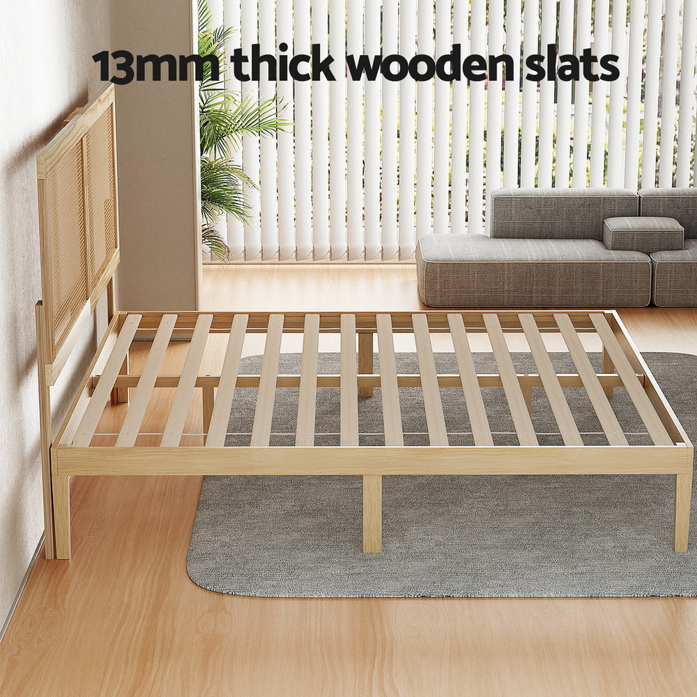 BRUNO Double Bed Frame Rattan Headboard Pine