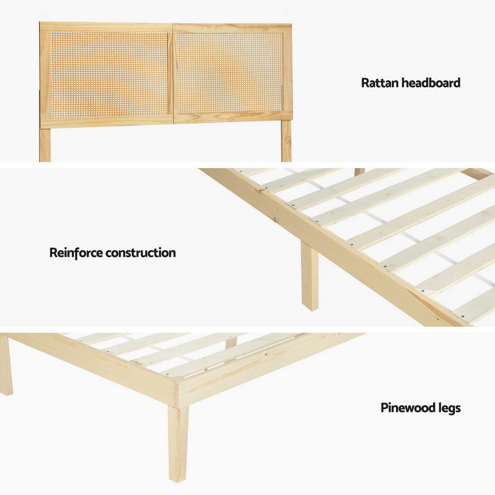 BRUNO Double Bed Frame Rattan Headboard Pine