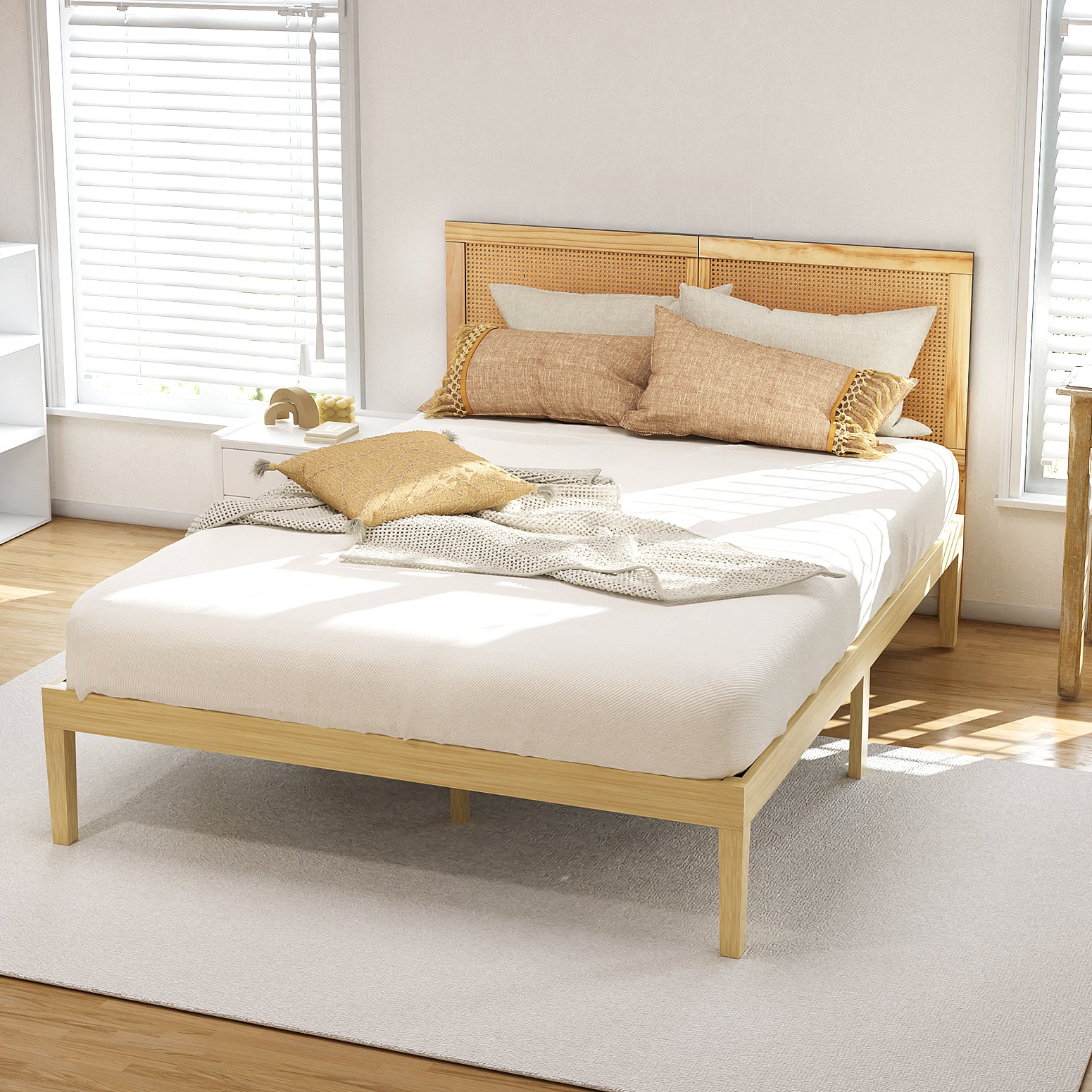 BRUNO Double Bed Frame Rattan Headboard Pine