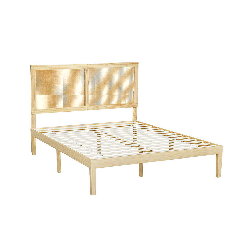 Bruno Queen Bed Frame Rattan Headboard Pinewood
