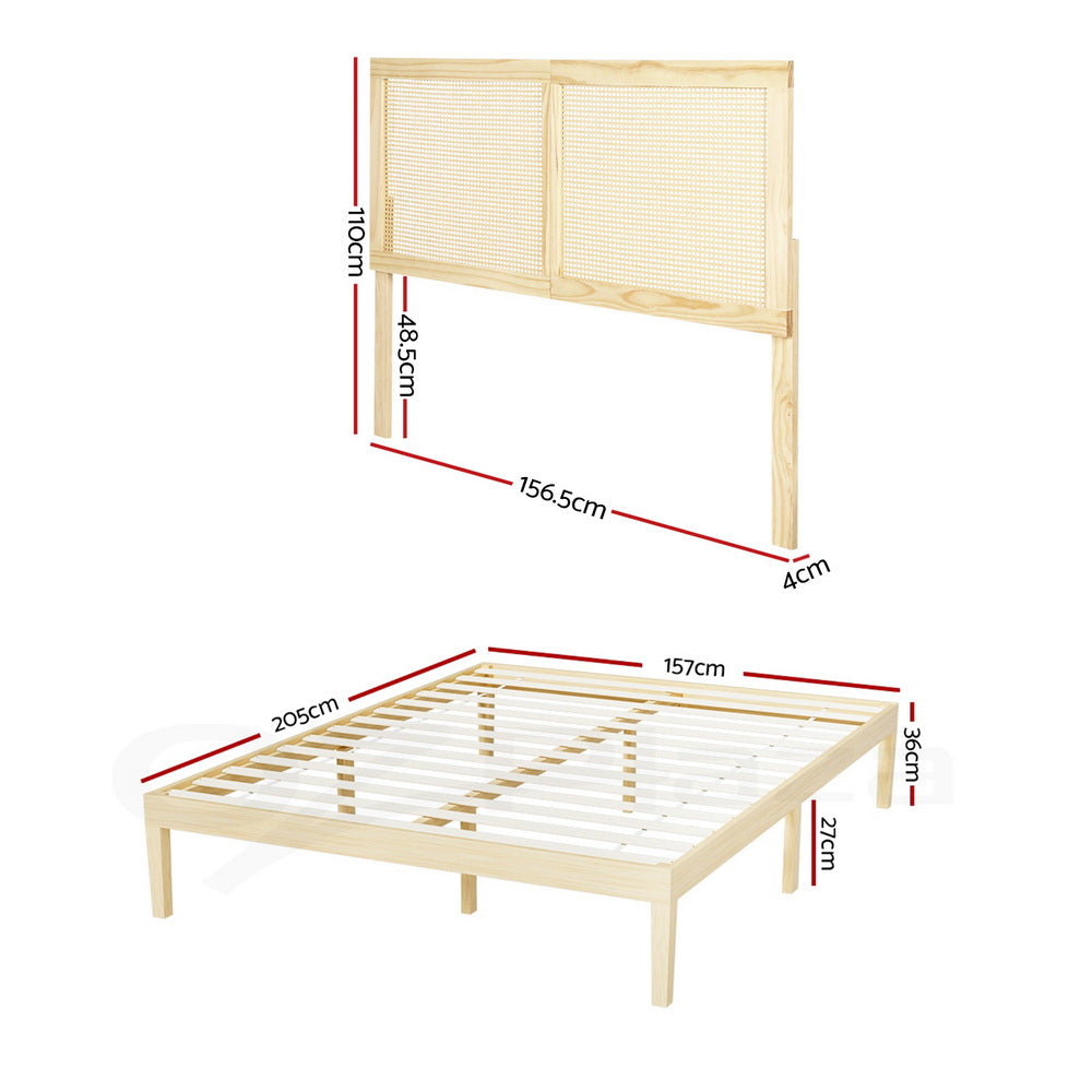 Bruno Queen Bed Frame Rattan Headboard Pinewood