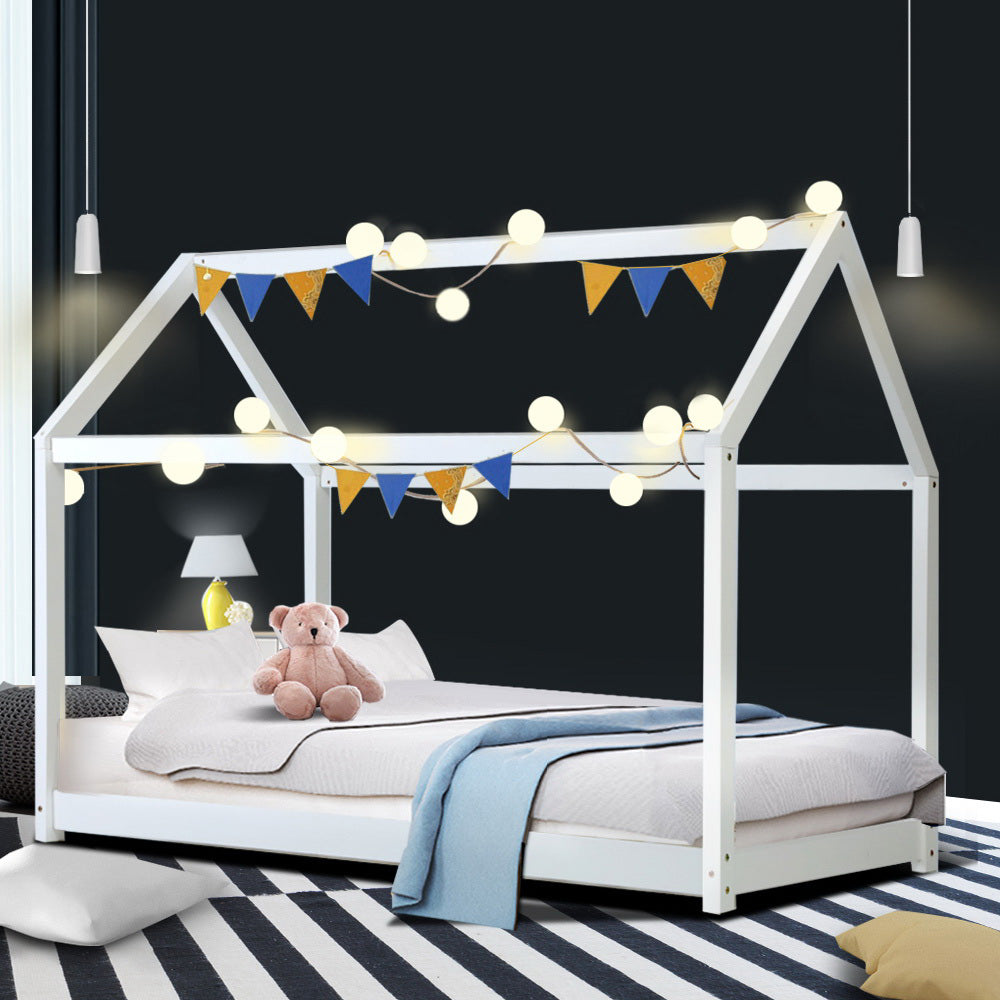 CASA Single Kids Bed Frame Wooden House White