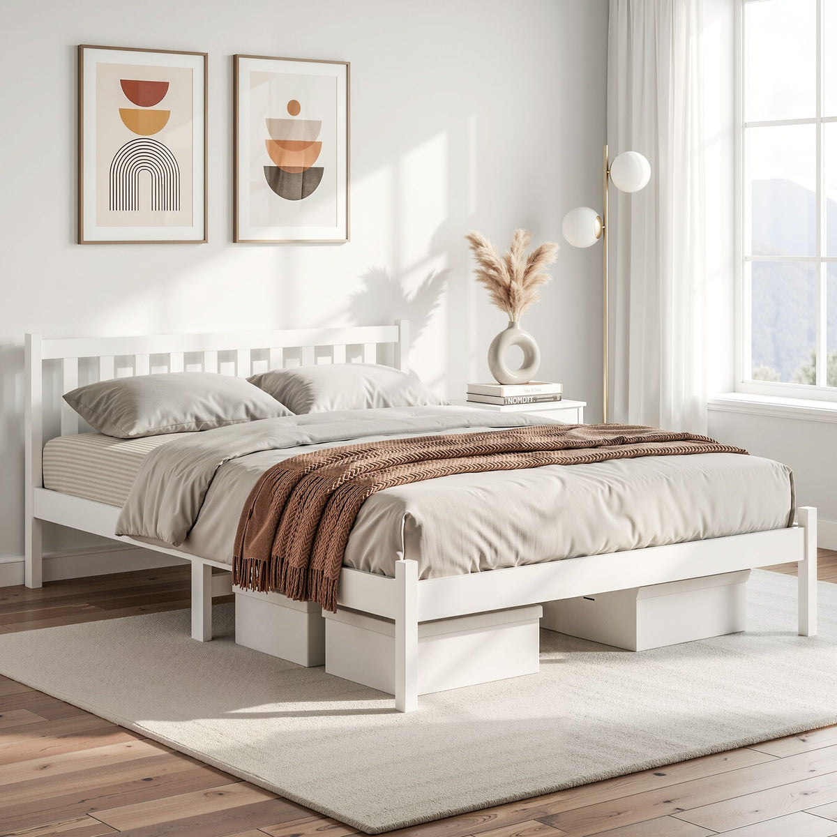 Sofie Queen Size Bed Frame Solid Pine Wood White