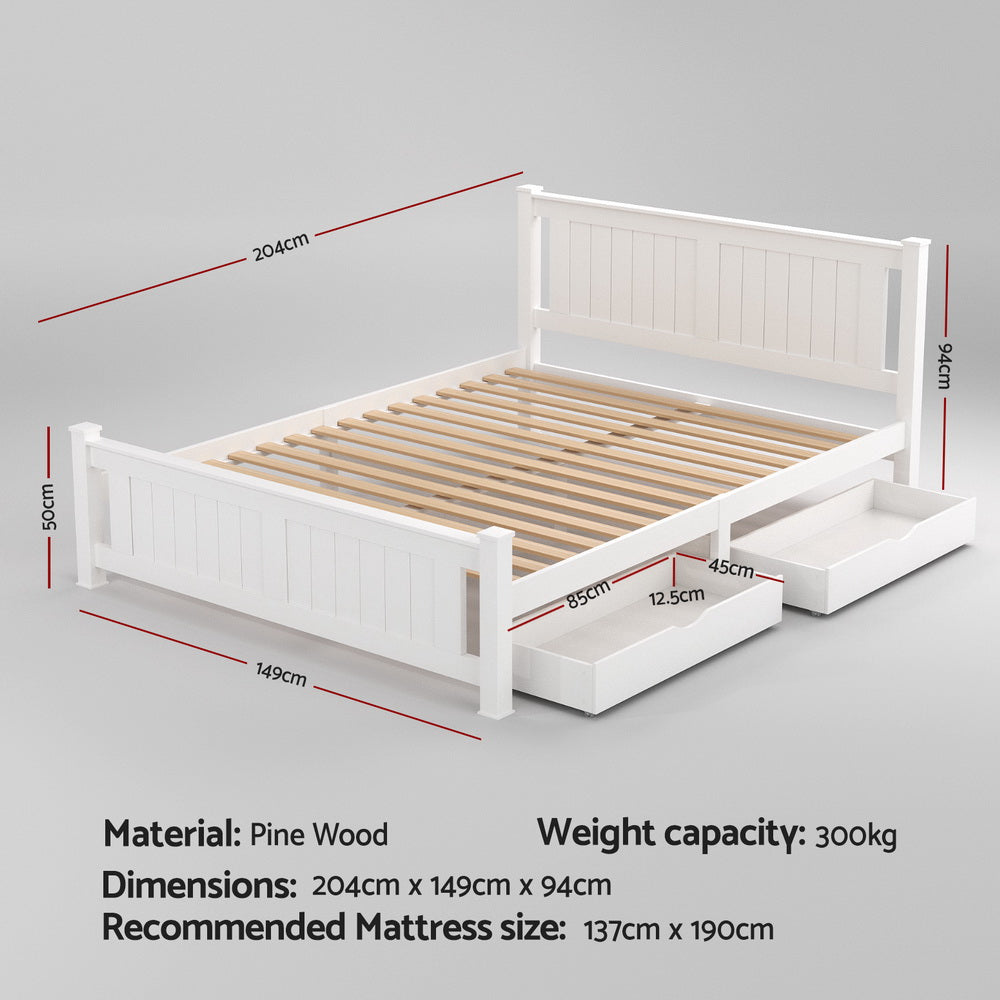 RIO Double Wooden Platform Bed Frame 2 Storage Drawers White