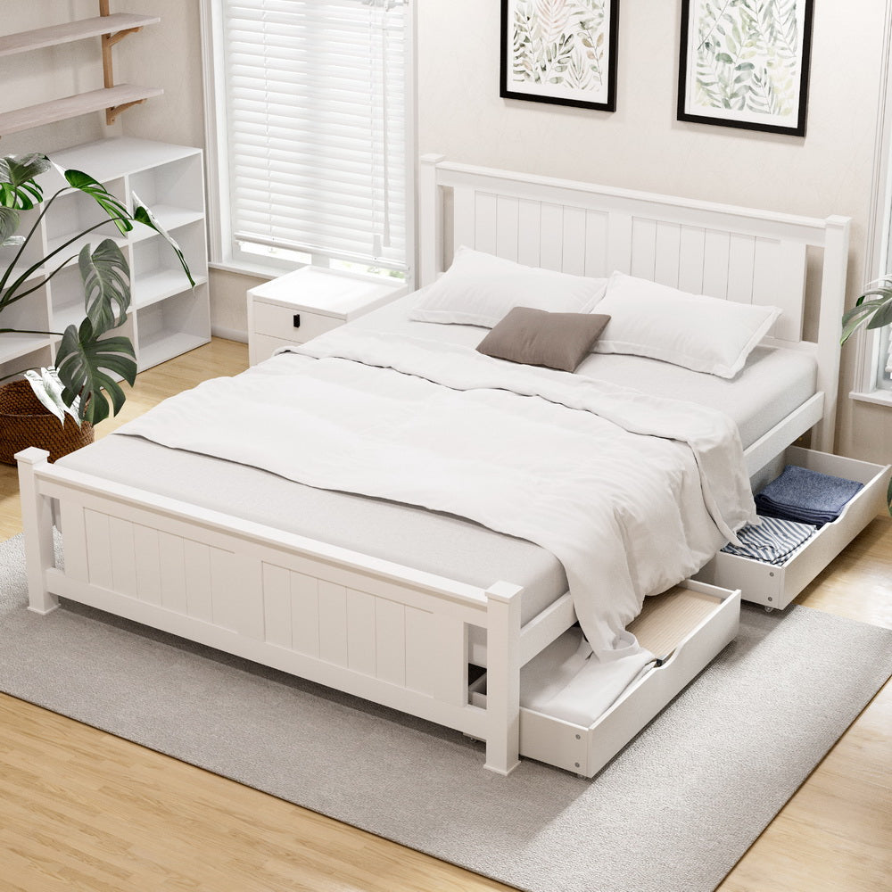 RIO Double Wooden Platform Bed Frame 2 Storage Drawers White