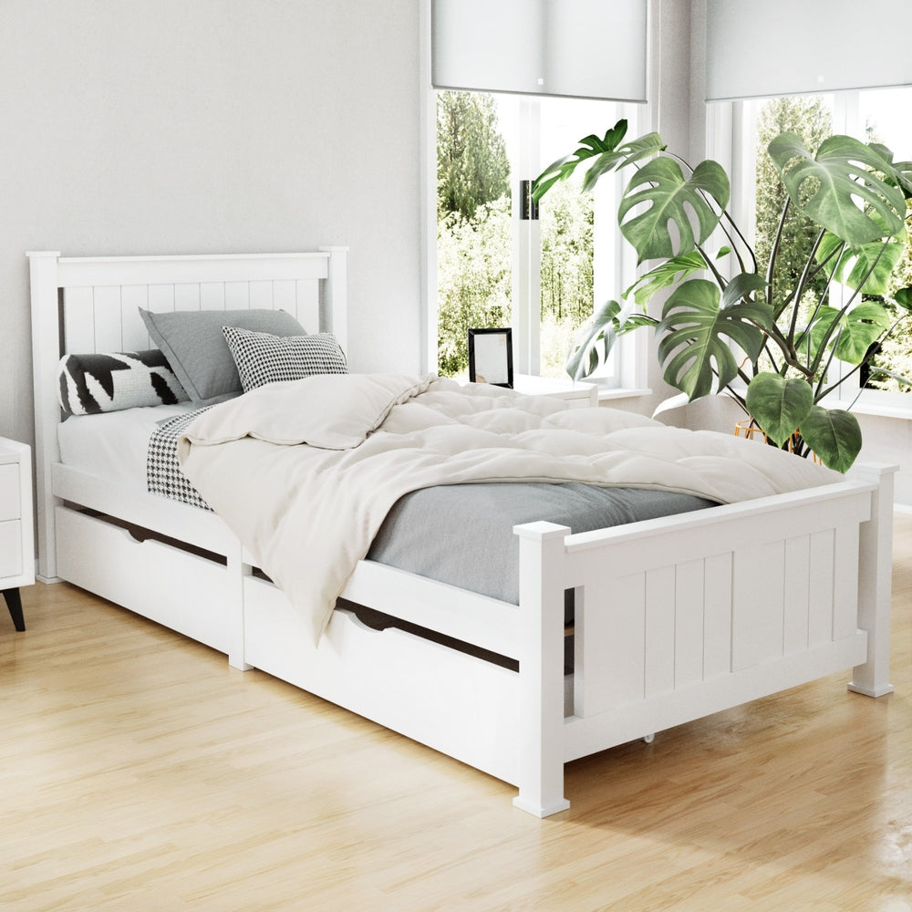 Rio Single Wooden Bed Frame 2 Drawers White