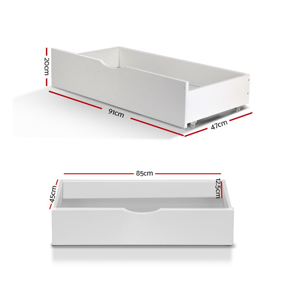 Artiss Single Bed Trundle Storage Drawers White Set of 2
