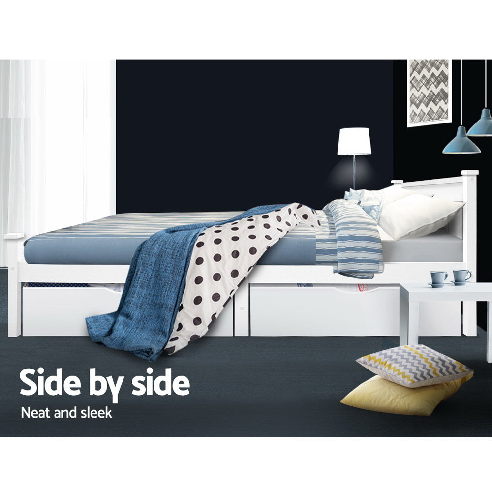 Artiss Single Bed Trundle Storage Drawers White Set of 2