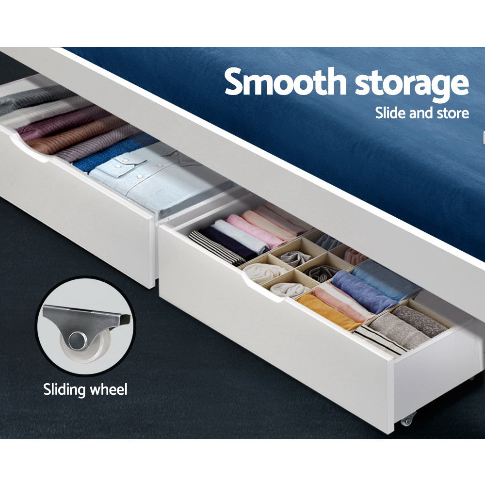 Artiss Single Bed Trundle Storage Drawers White Set of 2