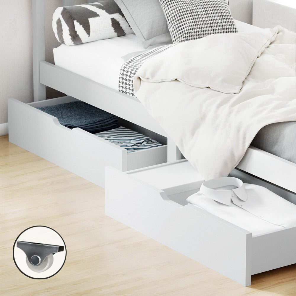 Artiss Single Bed Trundle Storage Drawers White Set of 2