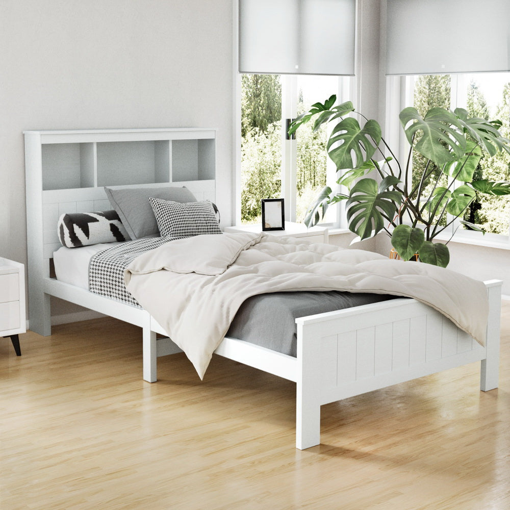 Conqueror King Single Wooden Bed Frame 3-Shelf Headboard White