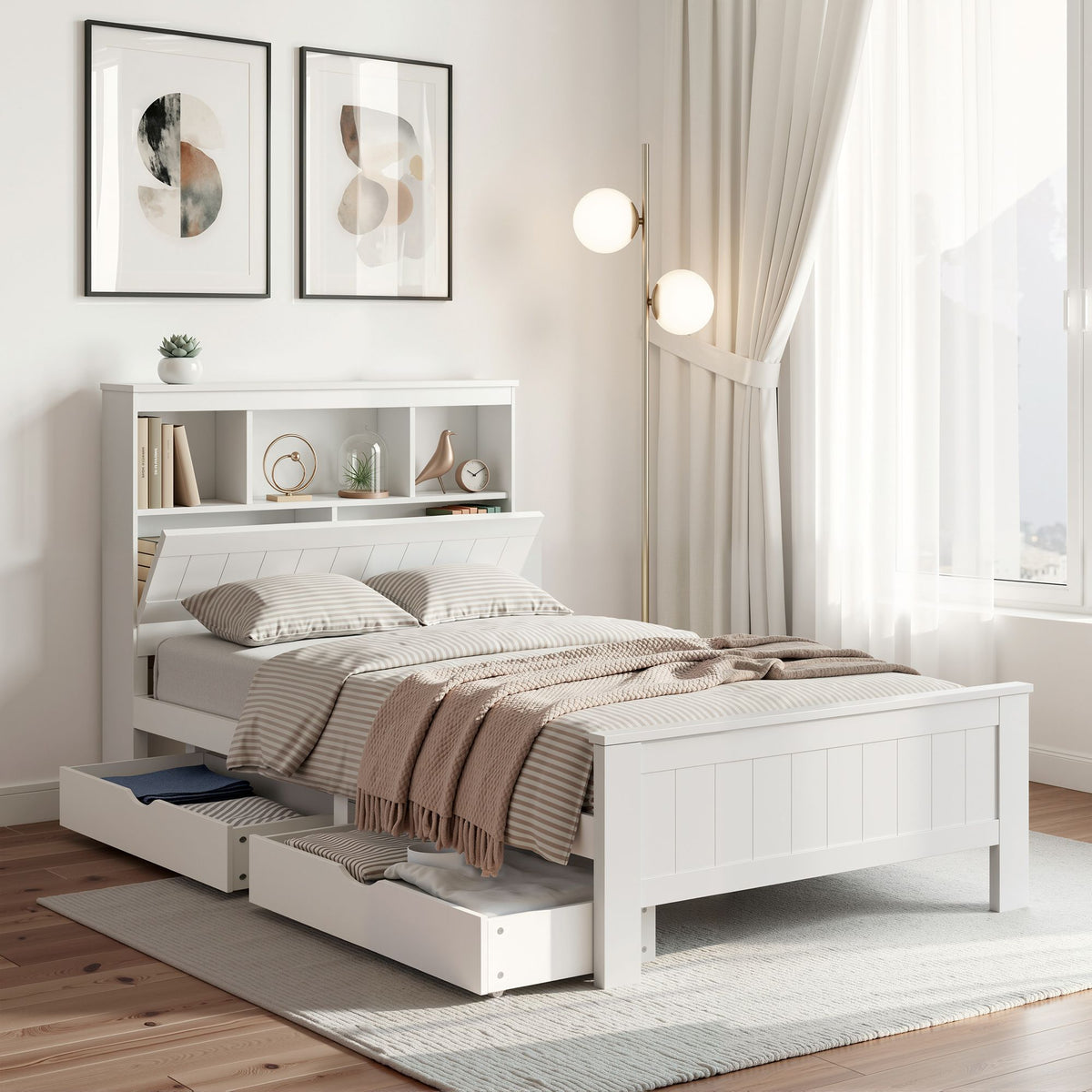 Conqueror King Single Bed Frame Wooden with 2 Storage Drawers White