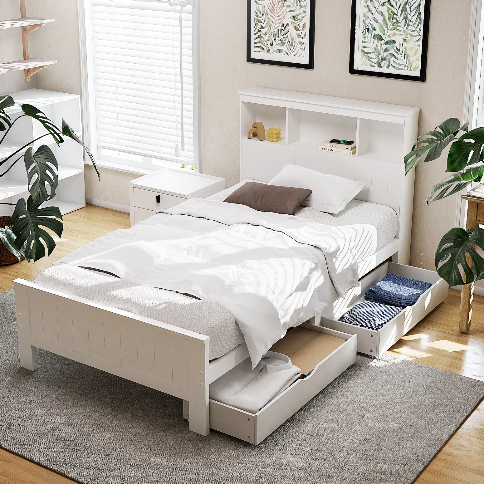 Conqueror King Single Wooden Bed Frame 2 Storage Drawers White