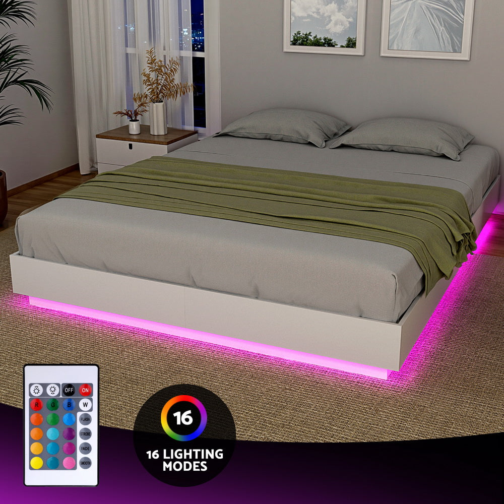DAYGLOW Double Bed Frame 16-Colour LED Wooden Base Pine