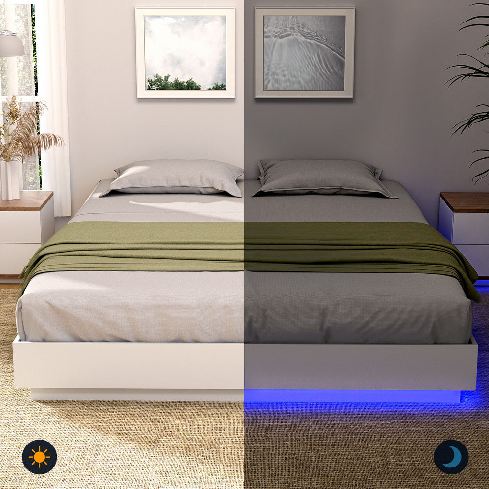 DAYGLOW Double Bed Frame 16-Colour LED Wooden Base Pine