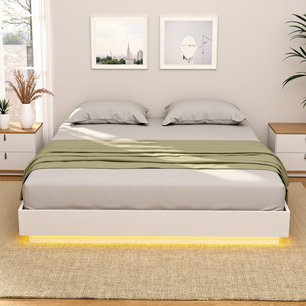 DAYGLOW Double Bed Frame 16-Colour LED Wooden Base Pine