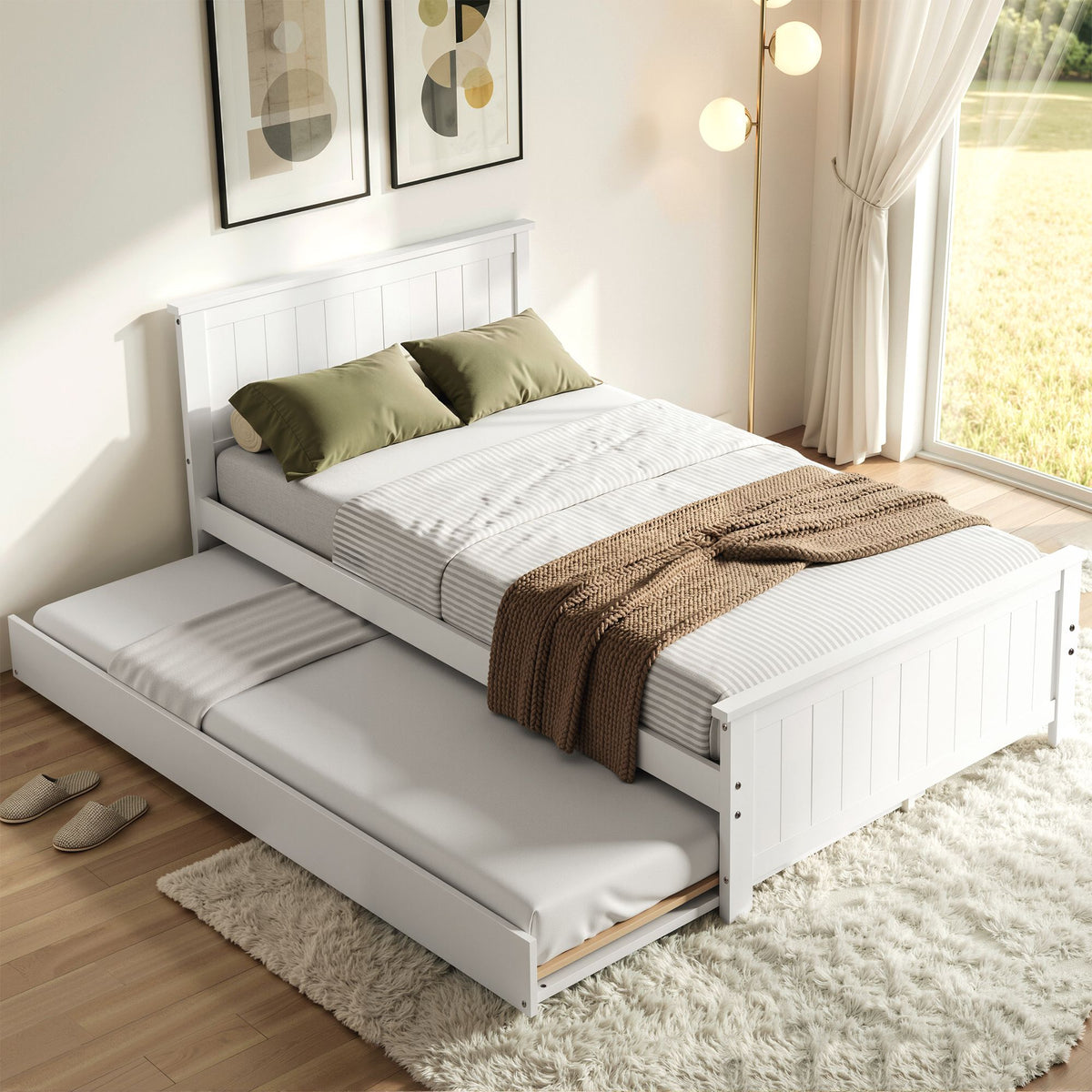 Elvis Single Trundle Bed Frame Solid Pine with Headboard White