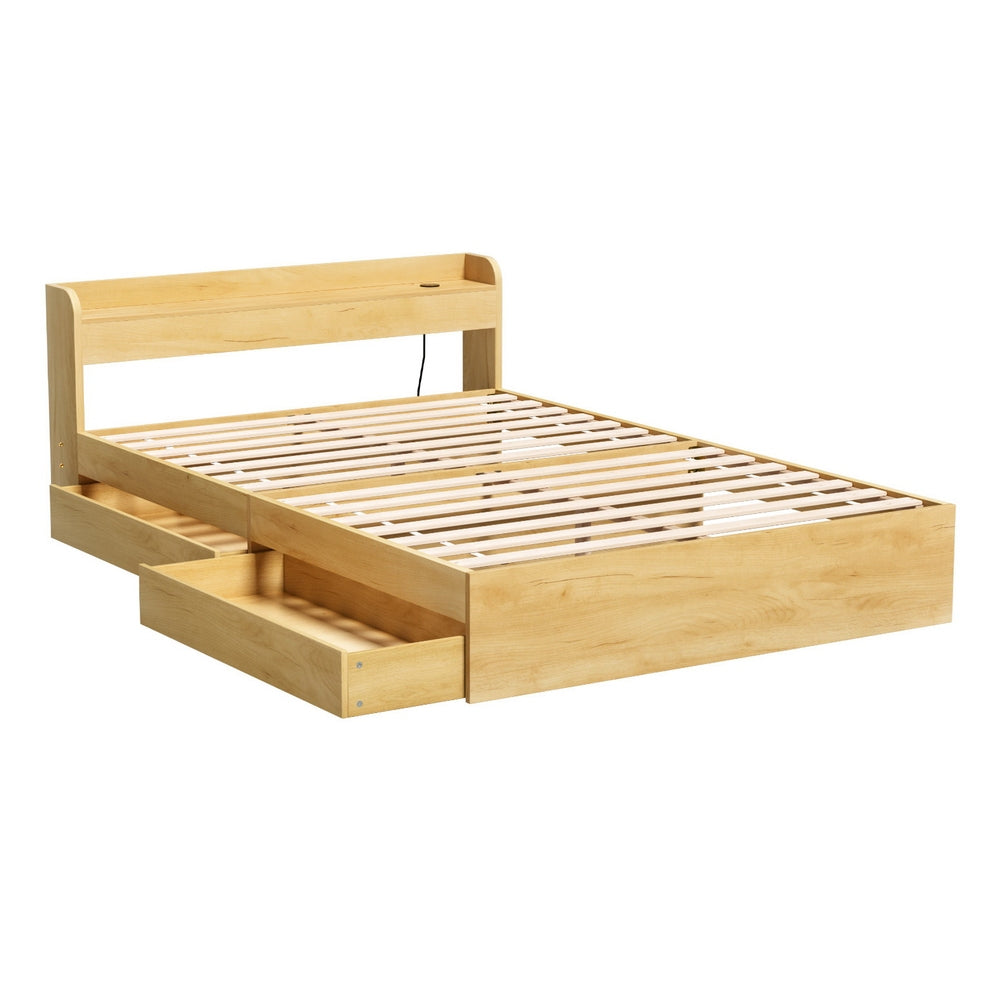Aura Double Bed Frame Charging Ports 2 Drawers Wood