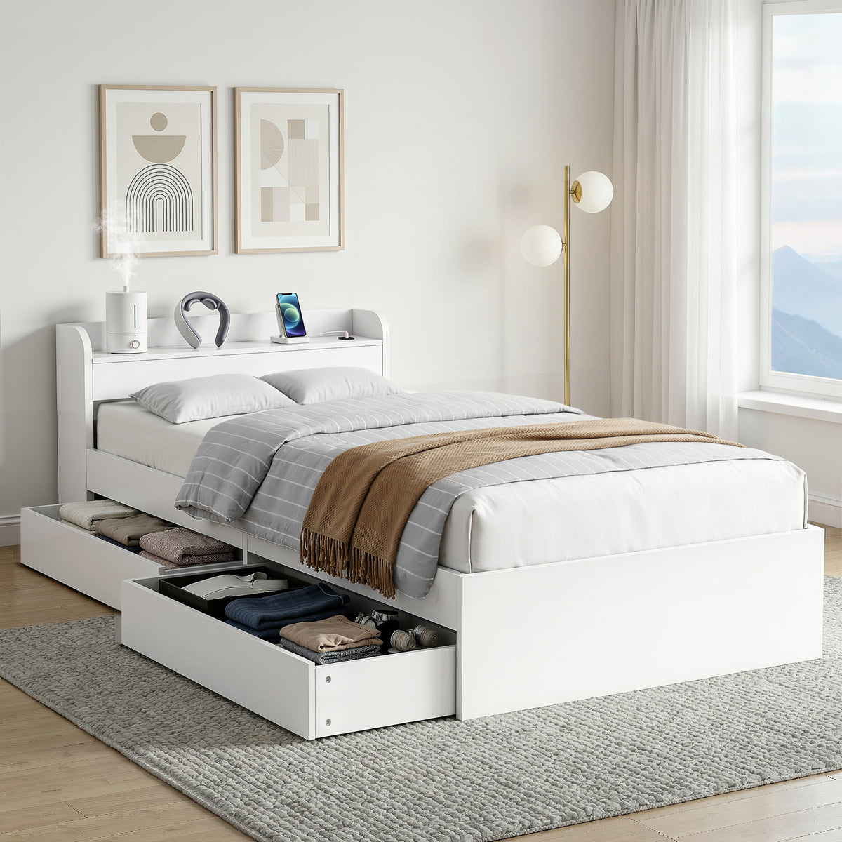 Aura King Single Bed Frame with USB Charging Ports and 2 Drawers