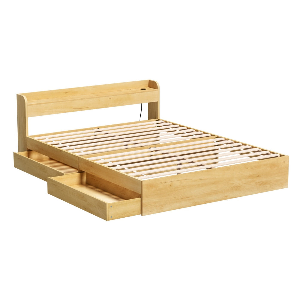 Aura Queen Bed Frame USB Charging Ports 2 Drawers Wood