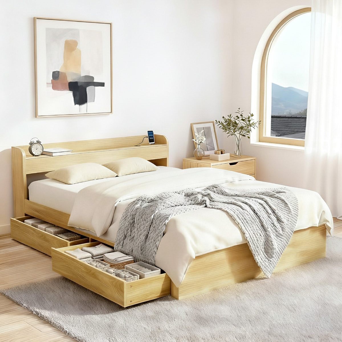 Aura Queen Bed Frame with USB Charging Ports and 2 Drawers