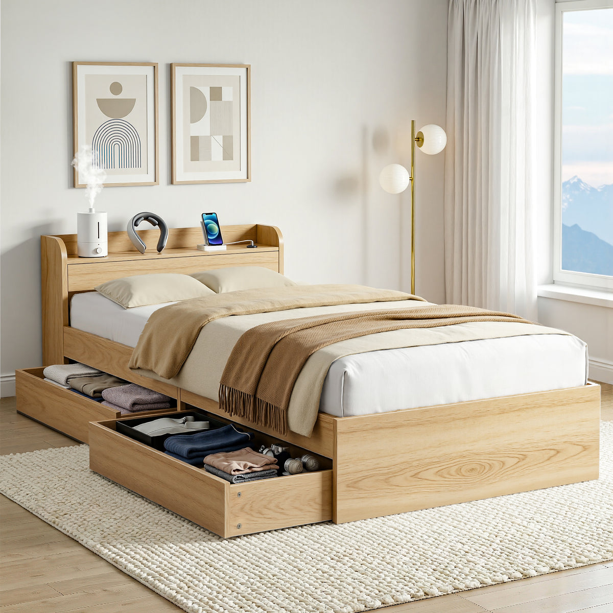 Aura Single Bed Frame with 2 Storage Drawers and USB Ports, Natural