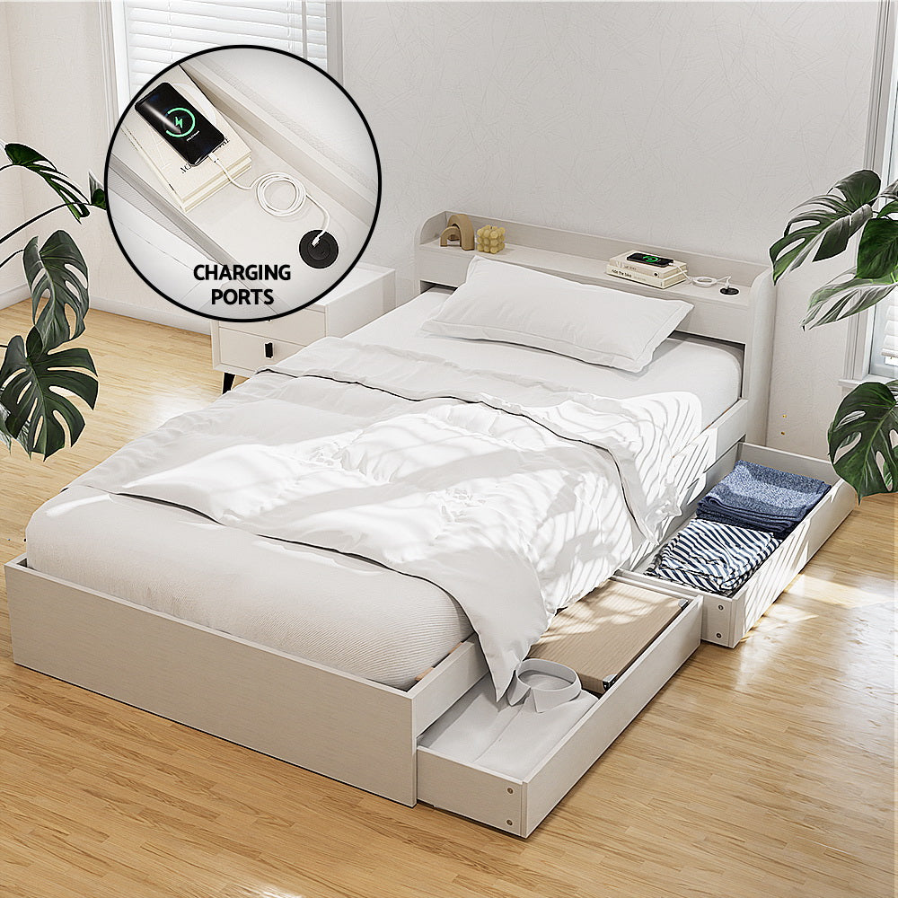 Aura Single Bed Frame with USB Charging Ports and 2 Drawers