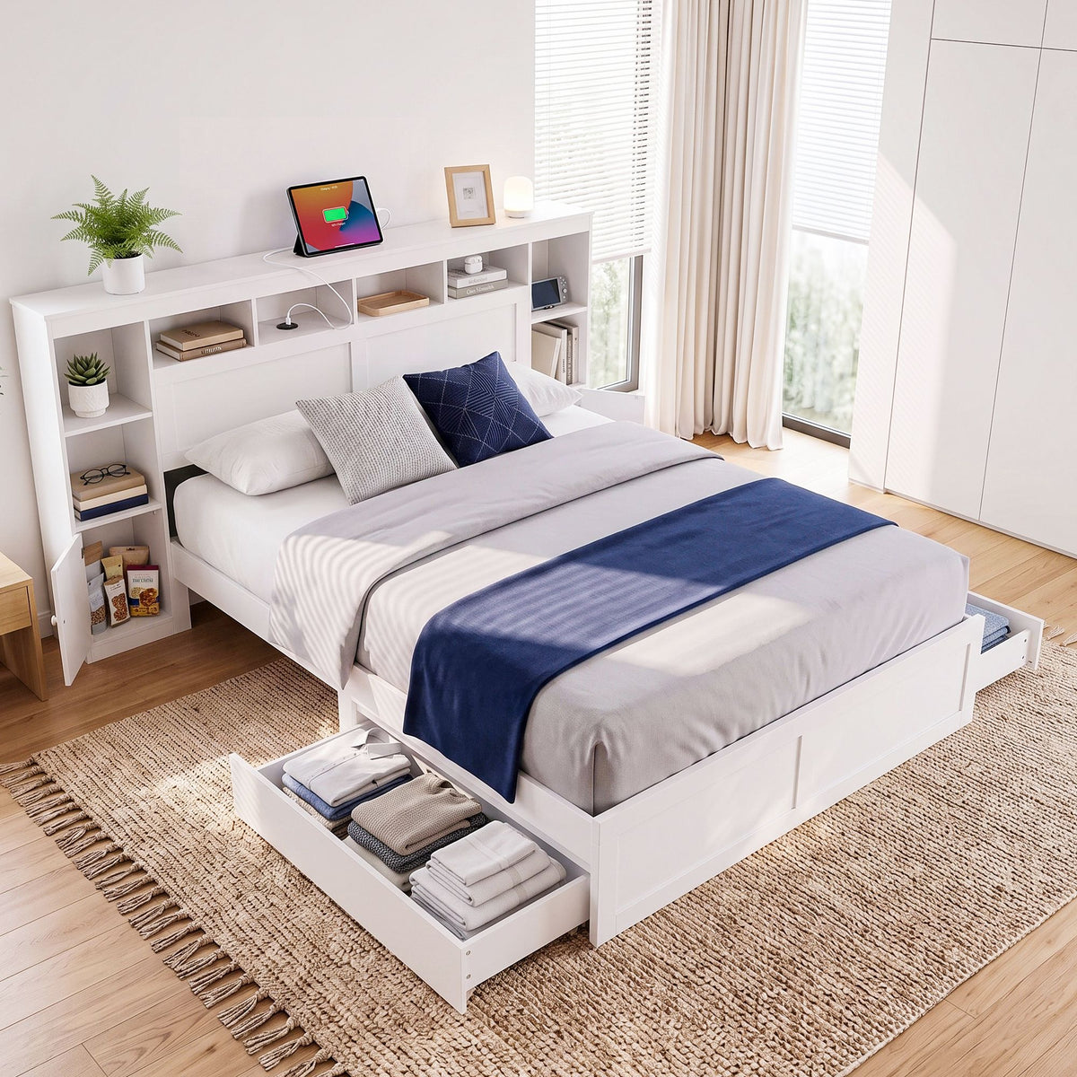 Artiss Queen Bed Frame with Storage Bookcase Headboard White