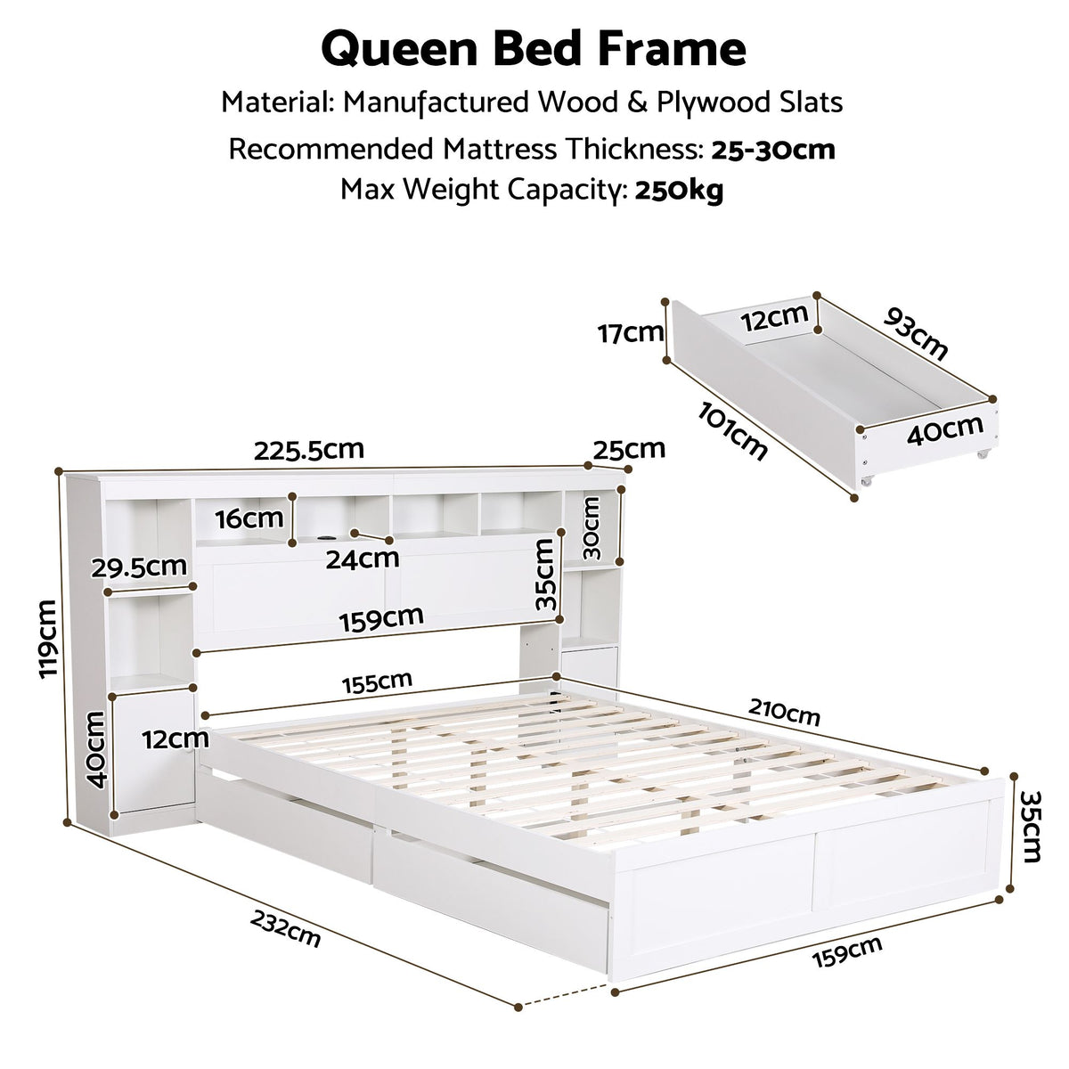 Artiss Queen Bed Frame with Storage Bookcase Headboard, USB & Type-C Ports & Drawers White