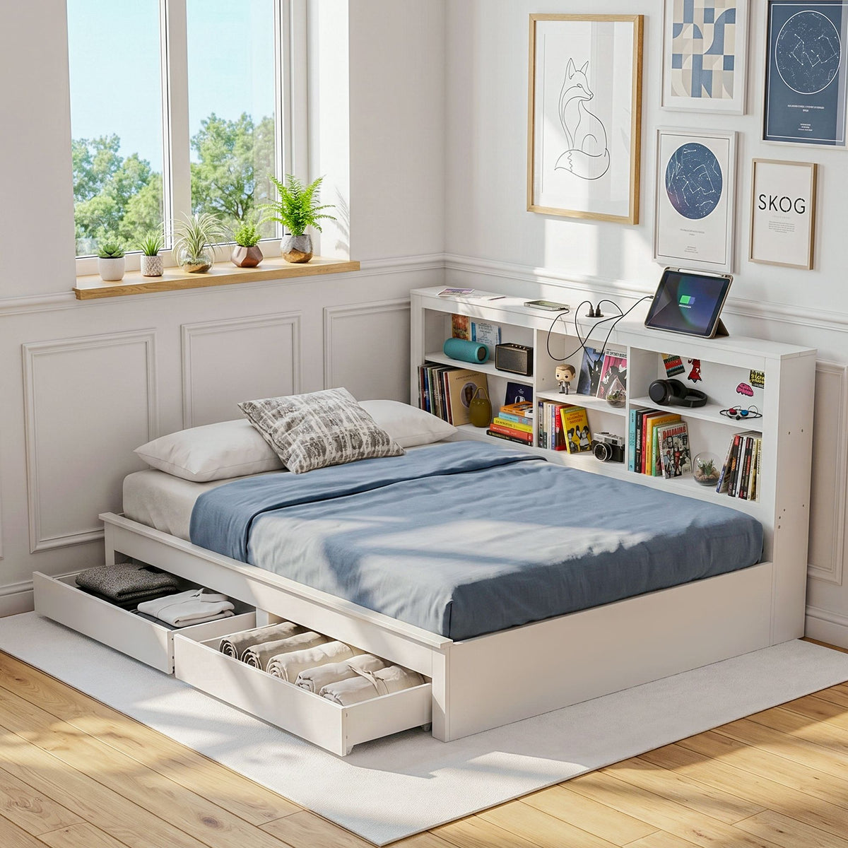 Artiss Double Bed Frame with Storage Headboard and Drawers, White