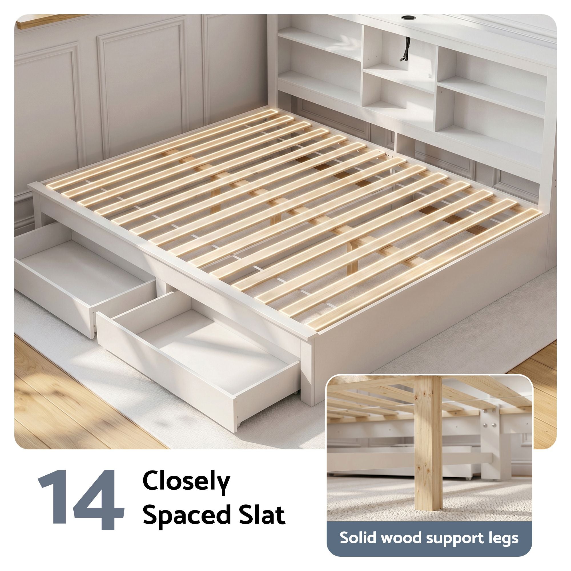 Artiss Noise-Free White Farmhouse Solid Wood Double Platform Bed Frame with Storage Headboard, Charging Station and Drawers for Bedroom and Apartment
