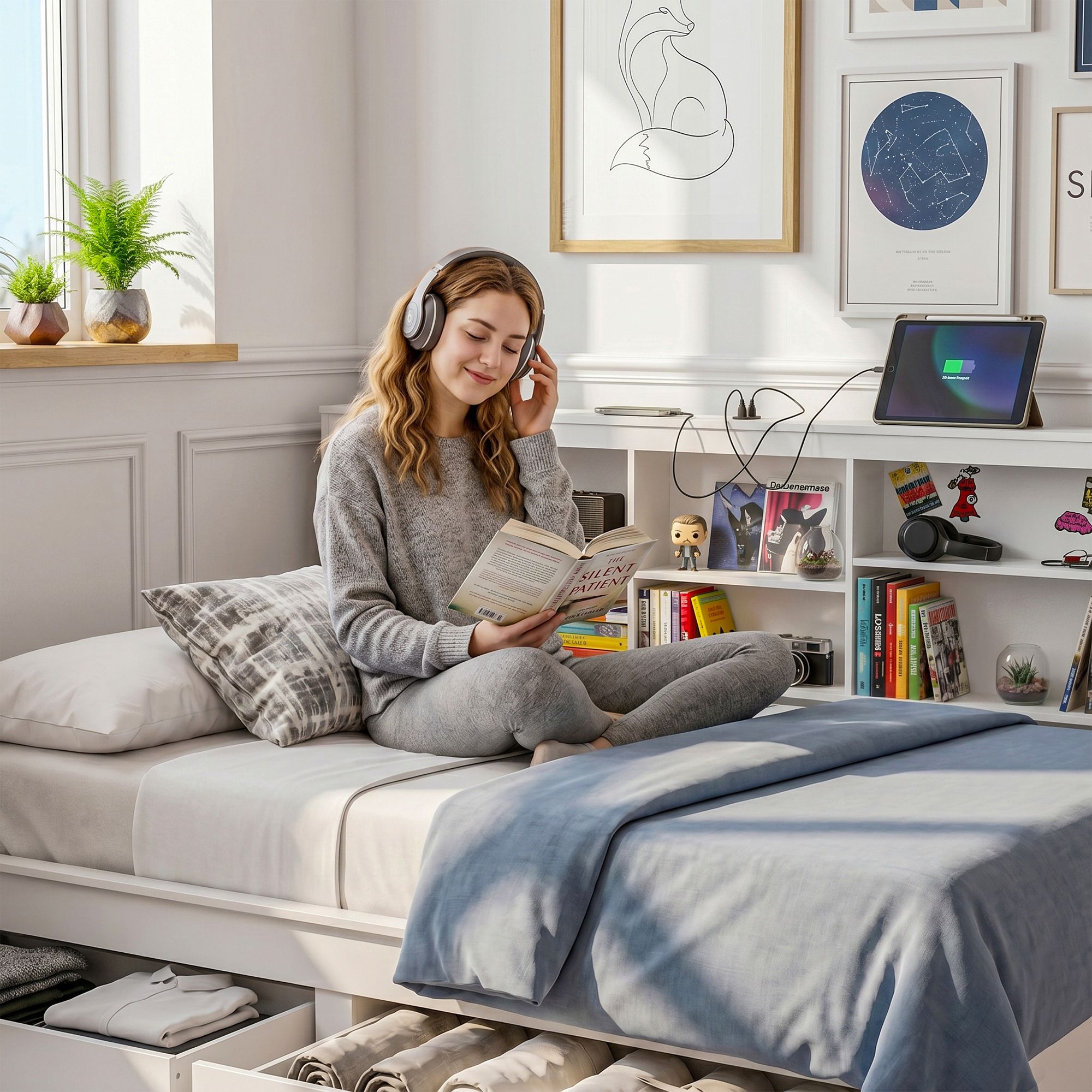 Artiss Noise-Free White Farmhouse Solid Wood Double Platform Bed Frame with Storage Headboard, Charging Station and Drawers for Bedroom and Apartment