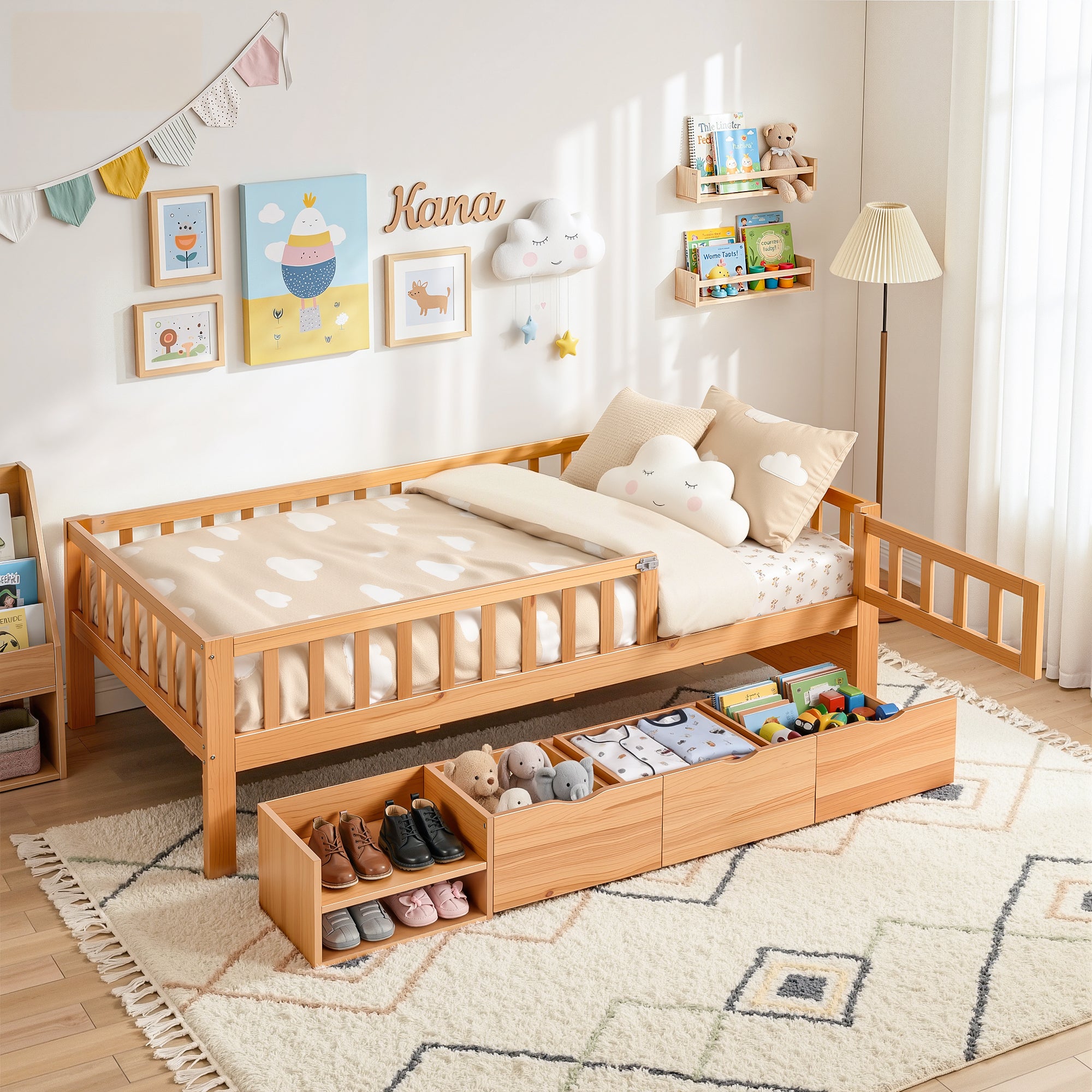Artiss Kids Single Bed Frame with 3 Storage Drawer Montessori Bed for Toddler Natural