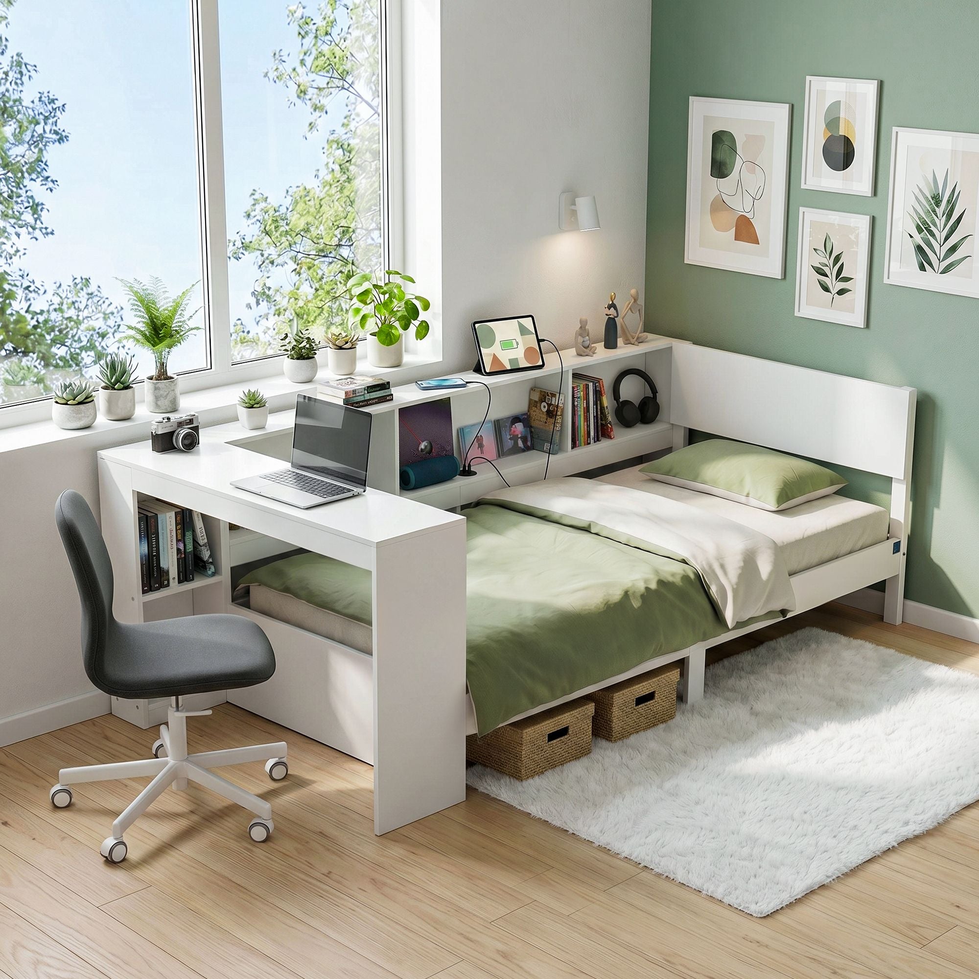 Artiss Single Corner Platform Bed Frame with Desk, White