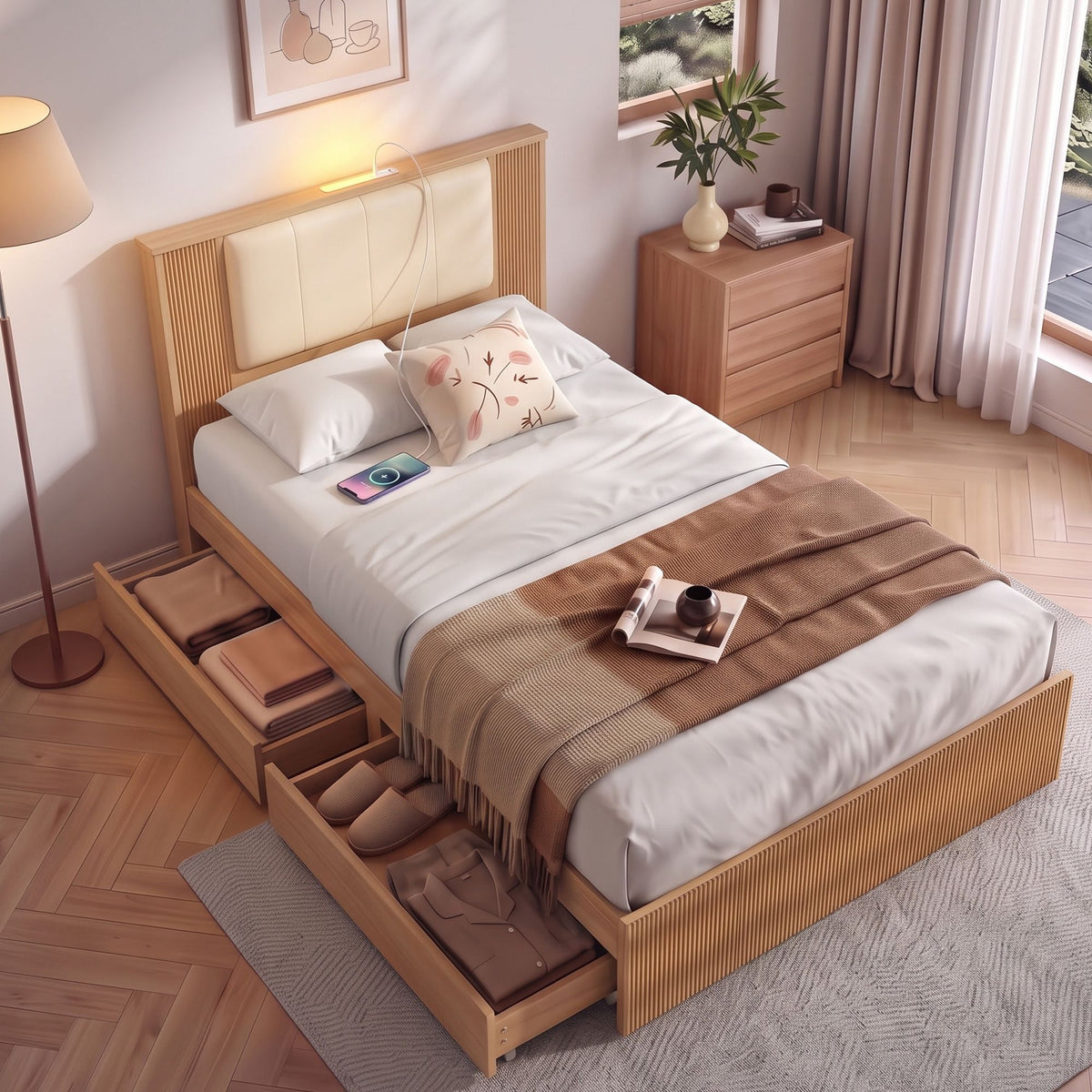 Artiss King Single Bed Frame with Drawers and Charging Station