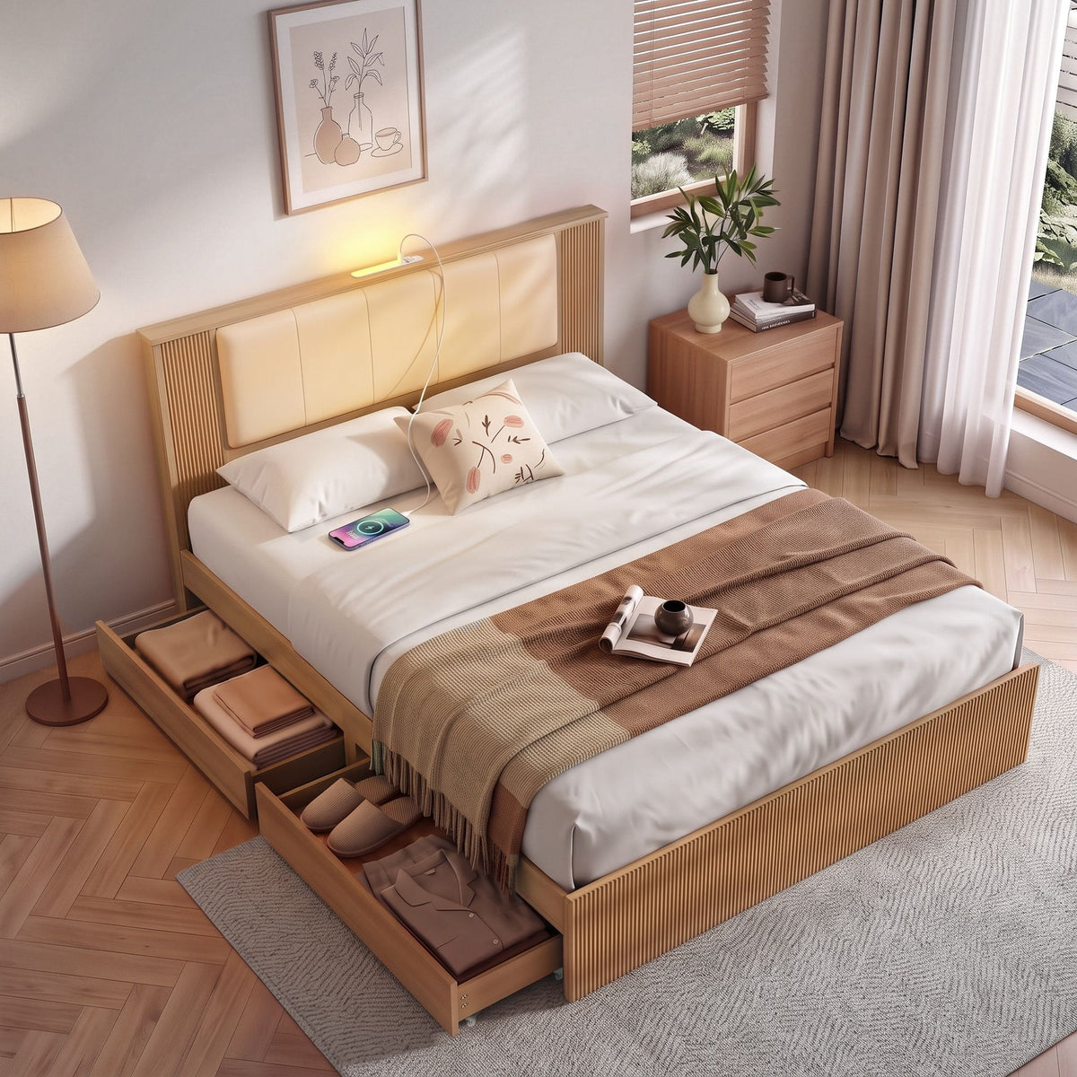 Artiss Queen Bed Frame with Drawers and Charging Station