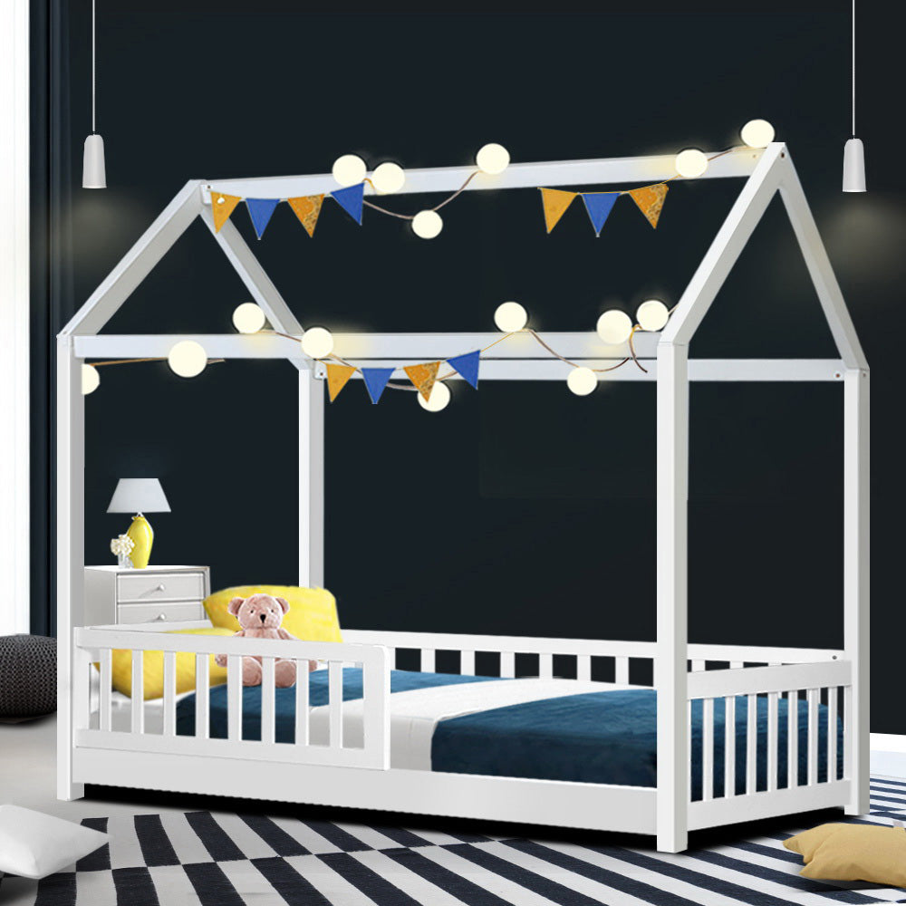 ROCK Single Kids Bed Frame Wooden House Shape White