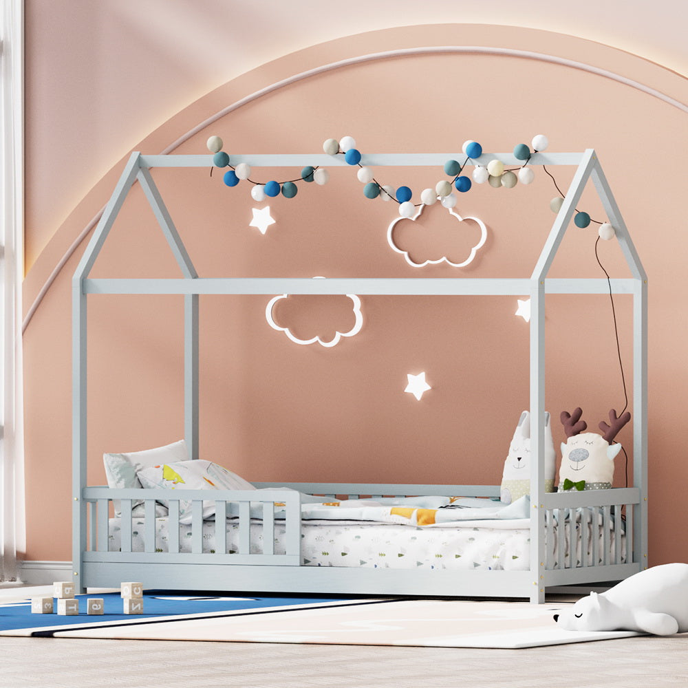 Rock Single Kids House Bed Frame Pine Wood Grey
