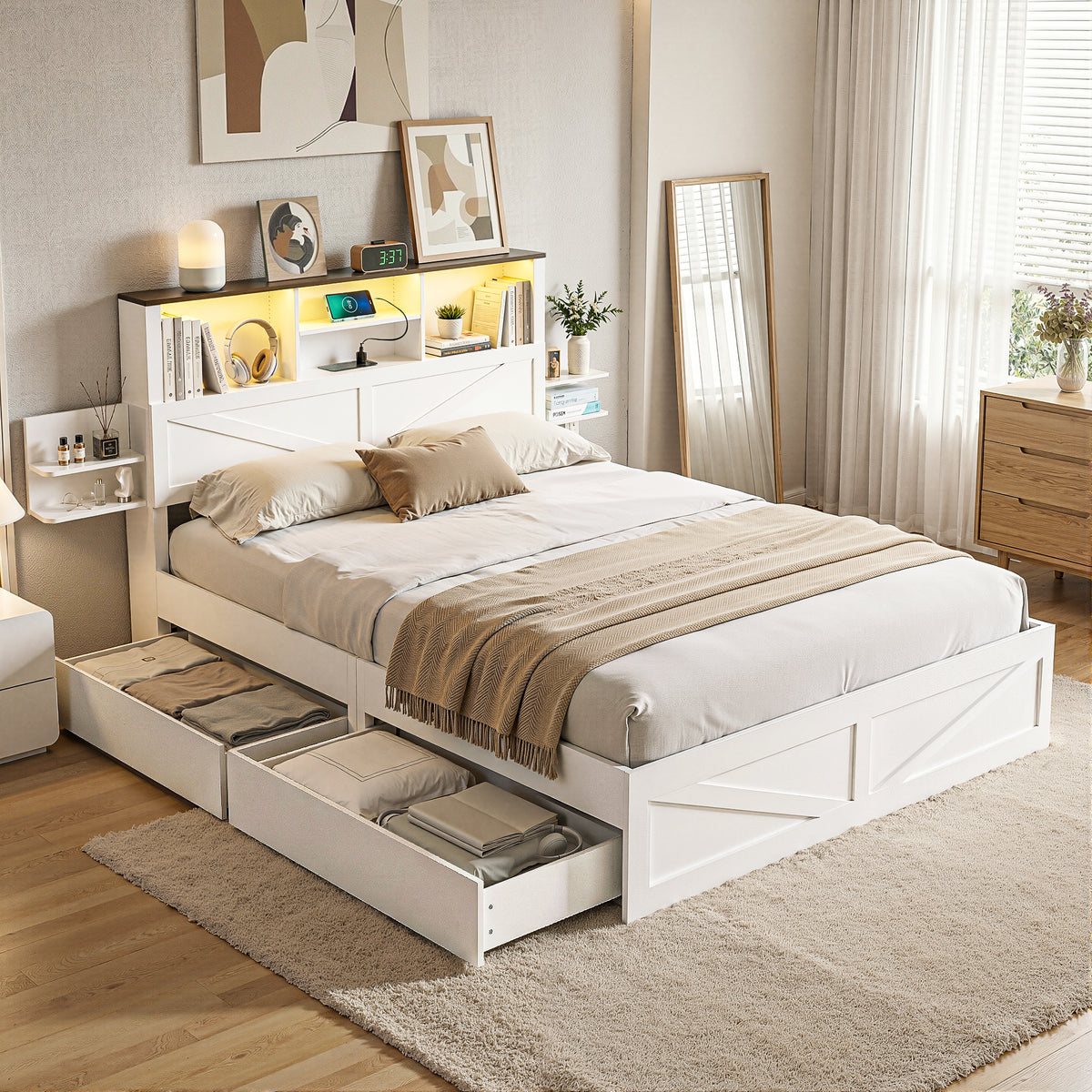 Artiss Double Bed Frame with Drawers and Bookcase Headboard White