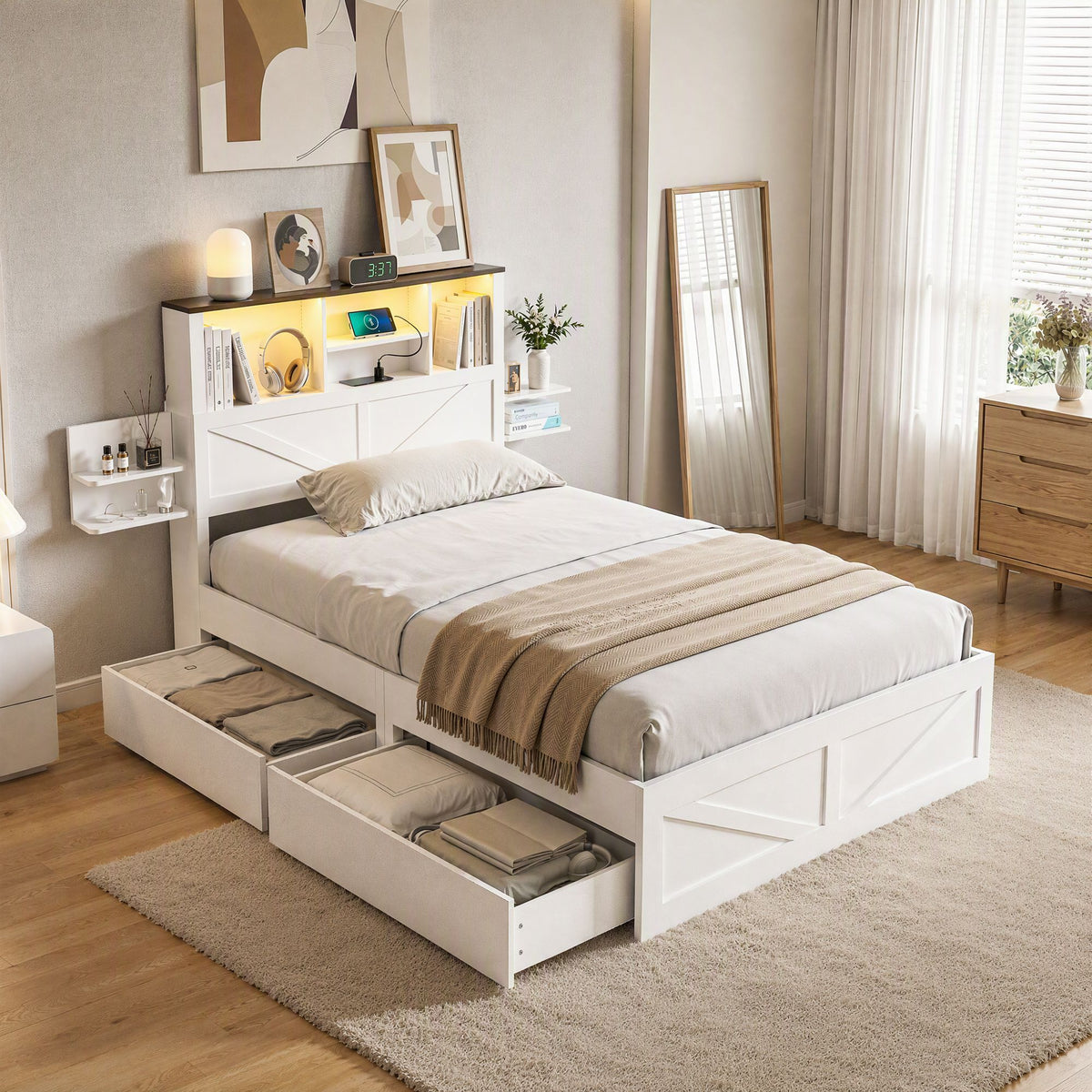 Artiss King Single Bed Frame with Storage Drawers White