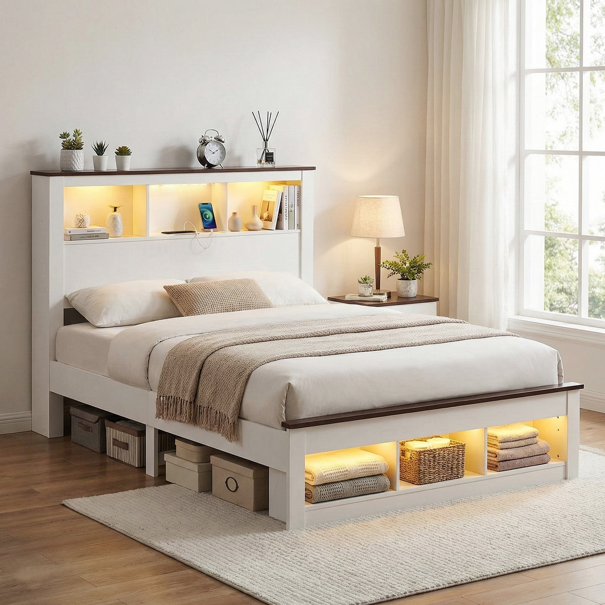 Artiss Queen Bed Frame with Storage Headboard and LED Light, White